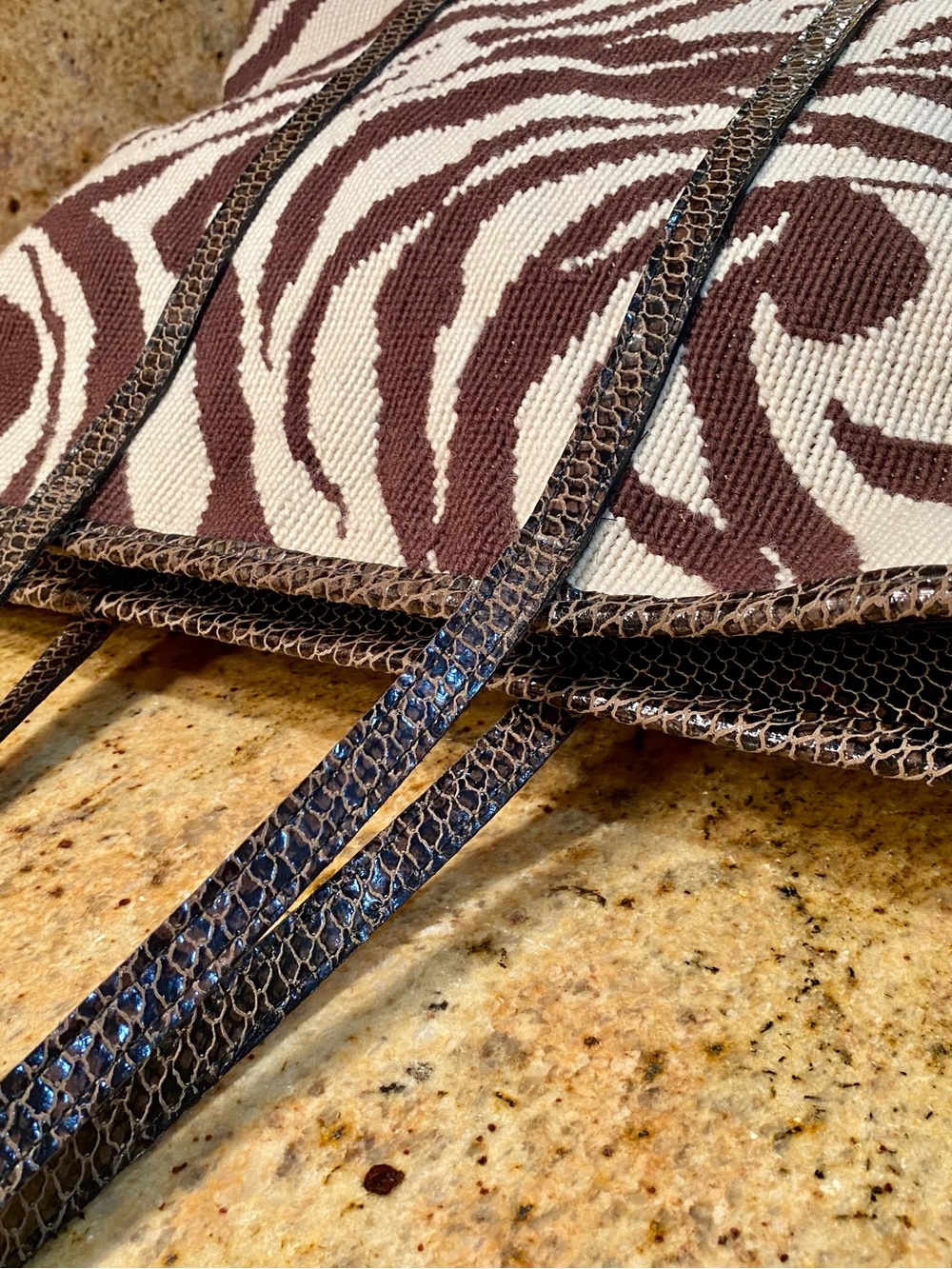 Cleve Carriage Brown and White Zebra Print Needlepoint Satchel, Rare Find! - Picture 7 of 10